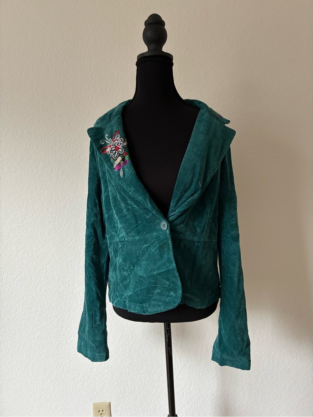 Beaded Embellished Teal Corduroy Blazer Bohemian Artsy Free Spirit Everyday
